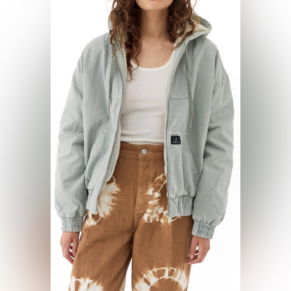 Urban Outfitters Sage Green Canvas Zip Up Bomber Jacket With Hood - Medium